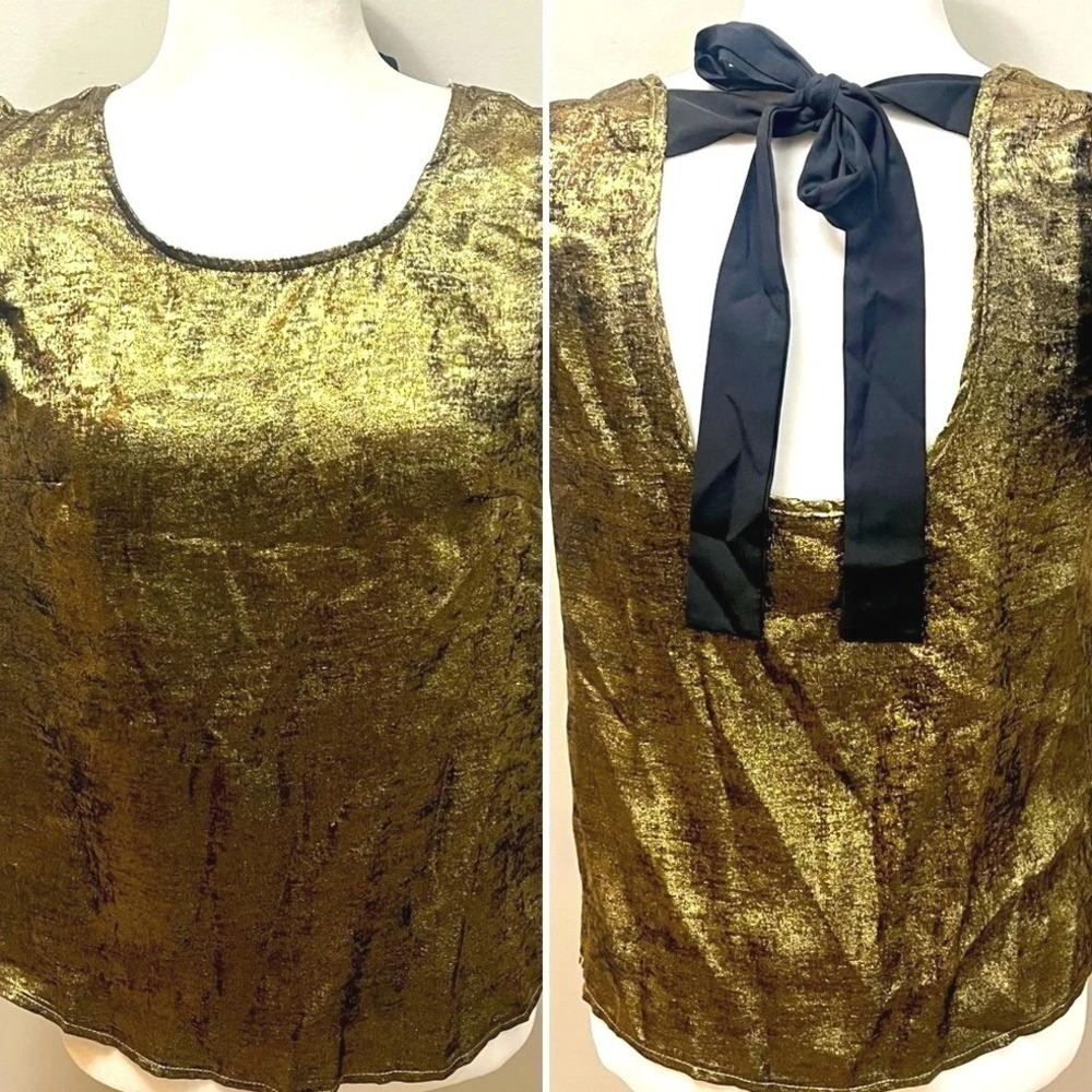 Gold metallic Blouse Women Medium Black Bow Tie Back Ruffle Sleeve Holiday Party